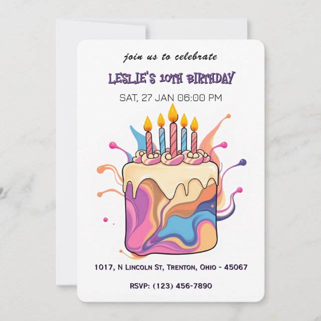 Invitación Pastel de cumpleaños colorido y abstracto con vela (Anverso)