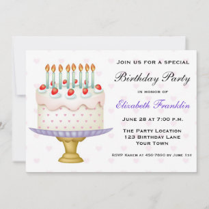 Invitación Pastel de cumpleaños con corazones y velas