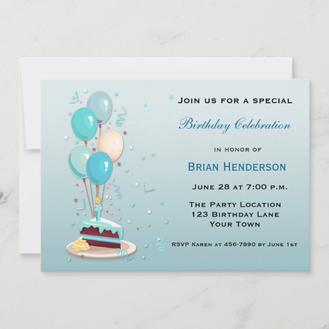 Invitación Pastel de cumpleaños con globos (Anverso)