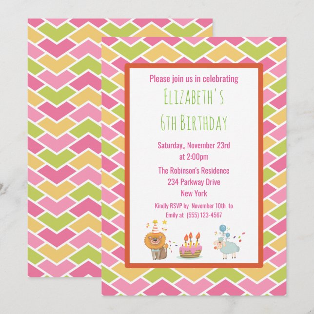 Invitación Pastel de cumpleaños con león Fiesta y oveja invit (Anverso / Reverso)