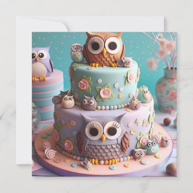 INVITACIÓN PASTEL DE CUMPLEAÑOS CON TEMA DE BÚHO DE OJOS GRAN (Anverso)