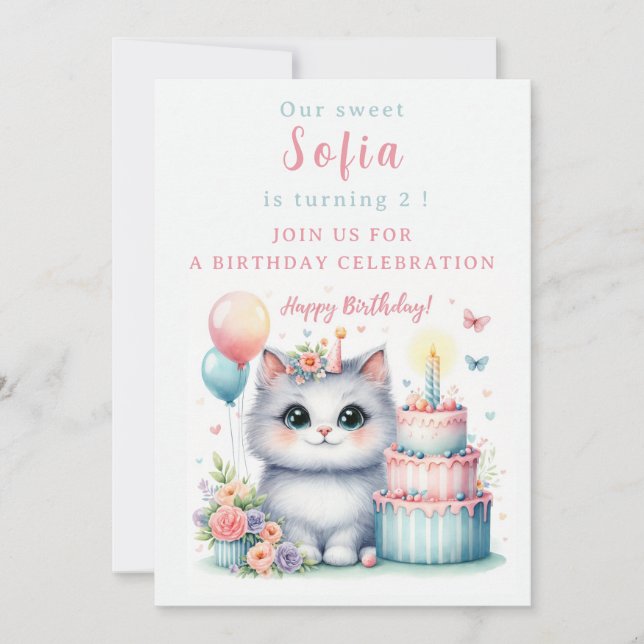 Invitación Pastel de cumpleaños de Pastel Kitten - Cumpleaños (Anverso)