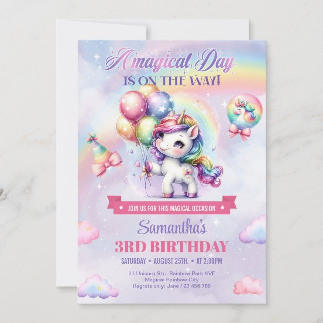 Invitación Pastel de cumpleaños de Rainbow Unicorn para Chica (Anverso)
