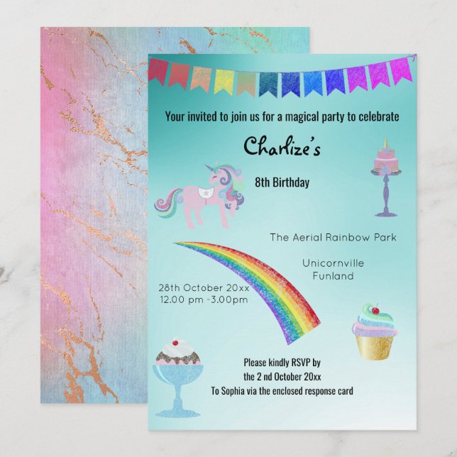 Invitación Pastel de cumpleaños de unicornio morado mágico (Anverso / Reverso)