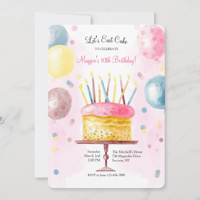 Invitación Pastel de cumpleaños en acuarela (Anverso)