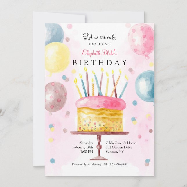 Invitación Pastel de cumpleaños en acuarela (Anverso)