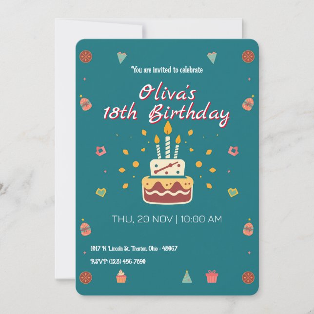 Invitación Pastel de cumpleaños festivo con velas e iconos (Anverso)