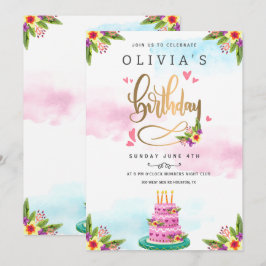 Invitación Pastel de cumpleaños floral acuarela rosa 