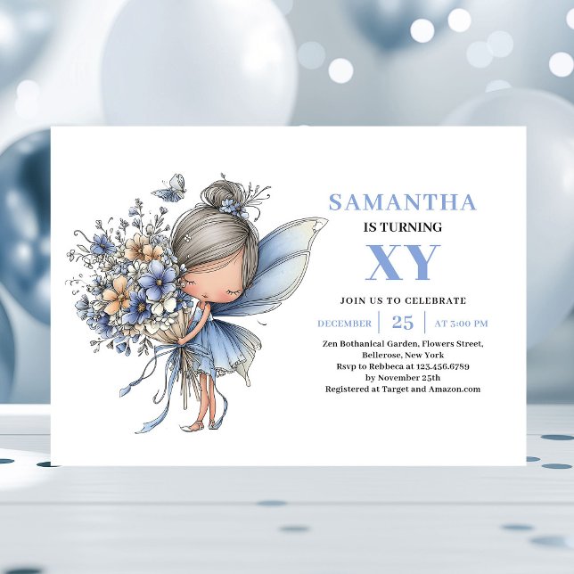 Invitación pastel de cumpleaños número 4 de la niñ (Magical Blue Fairy Girl 4th Birthday Pastel invitation)