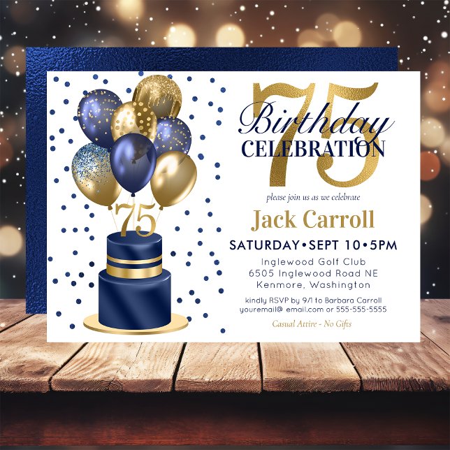 Invitación Pastel de Cumpleaños número 75 Globo Azul Marino (Subido por el creador)