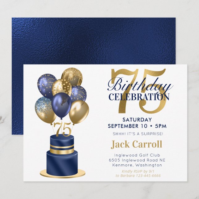 Invitación Pastel de Cumpleaños número 75 Globo Azul Marino (Anverso / Reverso)
