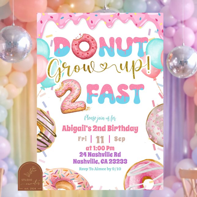 Invitación Pastel de Cumpleaños Rosado Donut Crece Rápido Seg (Subido por el creador)