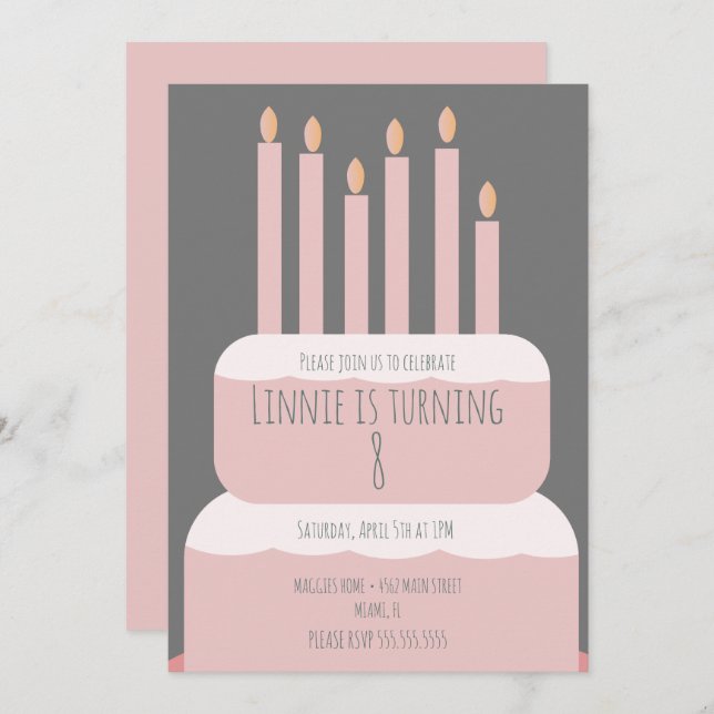 Invitación Pastel de cumpleaños simple con velas Fiestas rosa (Anverso / Reverso)