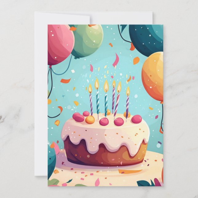 Invitación Pastel de cumpleaños, velas y globos personalizado (Anverso)