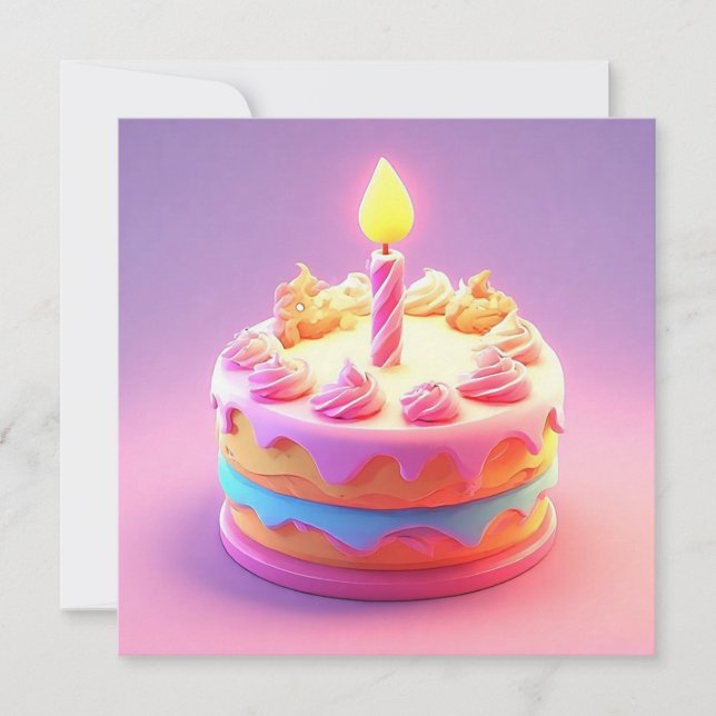 Invitación Pastel de cumpleaños vibrante con vela (Anverso)