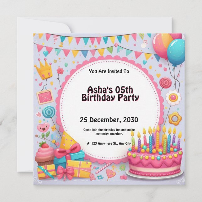 Invitación Pastel de cumpleaños y globos personalizados (Anverso)