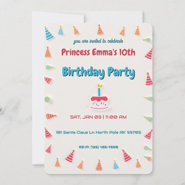 Invitación Pastel de cumpleaños y Gorras (Anverso)