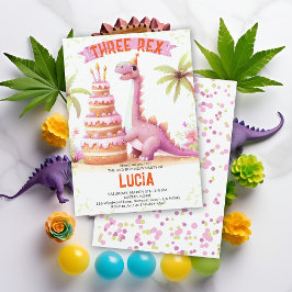 Invitación Pastel de Dinosaurio Tres Chicas de acuarela Rex C
