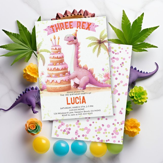 Invitación Pastel de Dinosaurio Tres Chicas de acuarela Rex C (dinosaur girl birthday party dino three rex 3rd funny watercolor giant cake prehistoric wild funny)