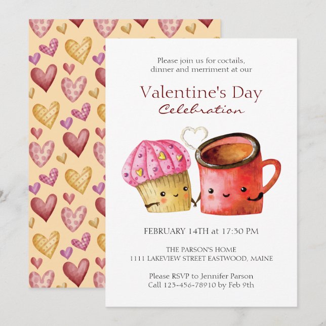 Invitación Pastel de El día de San Valentín y tazón de café (Anverso / Reverso)