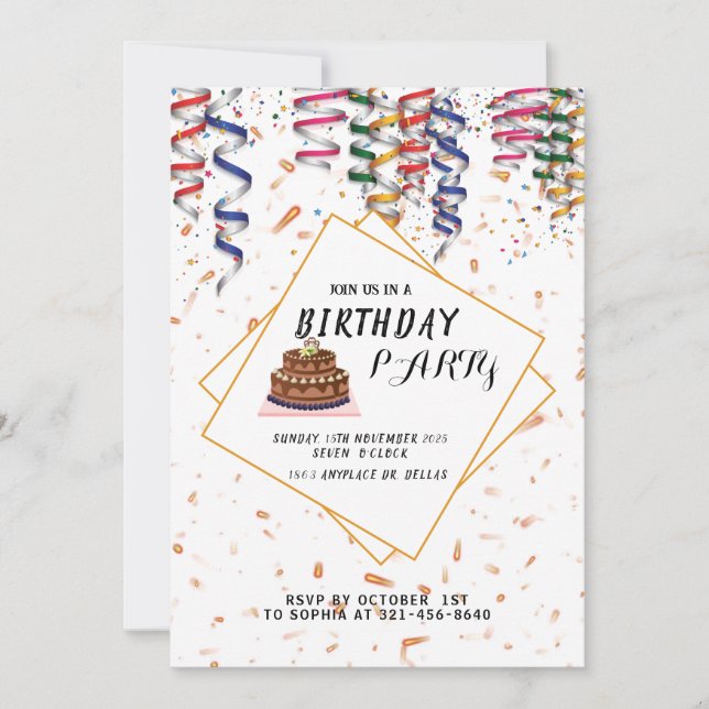 Invitación Pastel de fiesta de cumpleaños (Anverso)