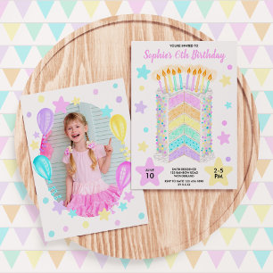 Invitación Pastel De Fiesta De Cumpleaños Con Arcoiris Con Fo