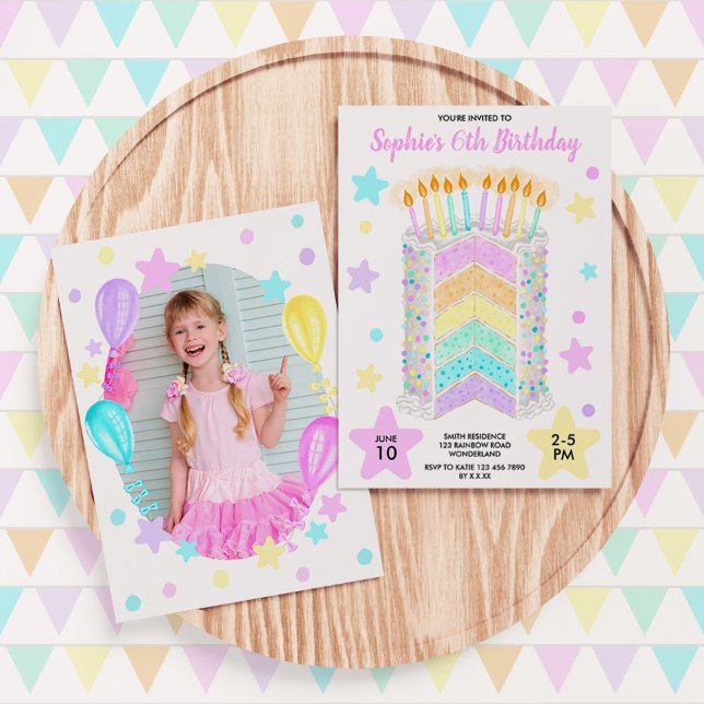 Invitación Pastel De Fiesta De Cumpleaños Con Arcoiris Con Fo (Girls' Rainbow Cake Birthday Invitation)