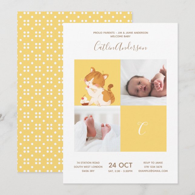 Invitación Pastel de gato ・ Alabeo Monograma Cutáneo de Baby  (Anverso / Reverso)