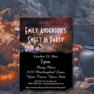 Invitación Pastel de gato de cementerio de Halloween dulce 16