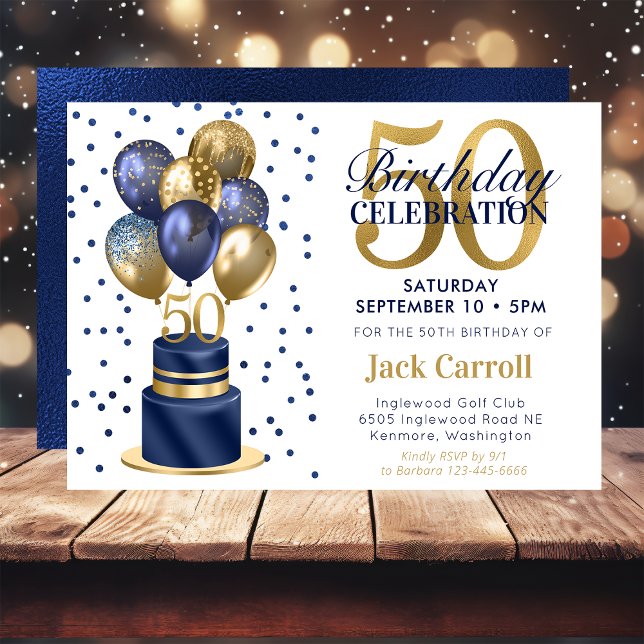 Invitación Pastel de globo azul marino para 50 cumpleaños (Subido por el creador)