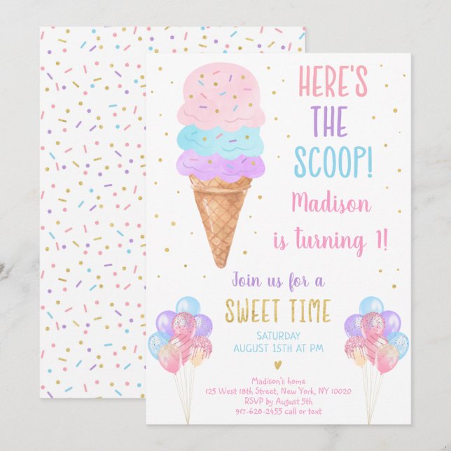 Invitación Pastel de helado aquí es cumpleaños de Scoop (Anverso / Reverso)