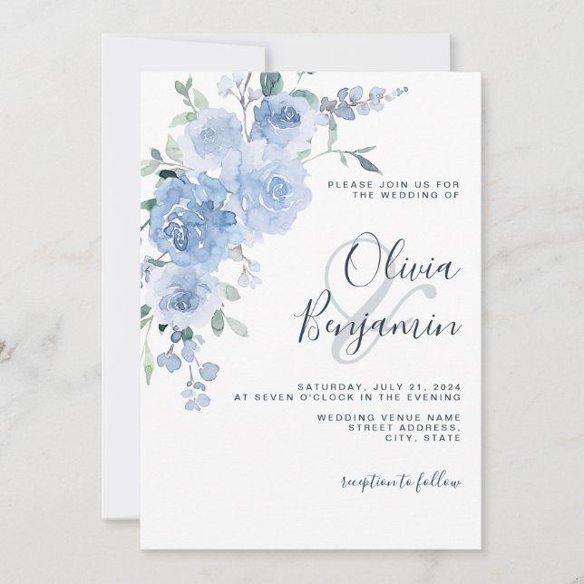 Invitación Pastel de luz azul turbio Boda floral botánico (Anverso)