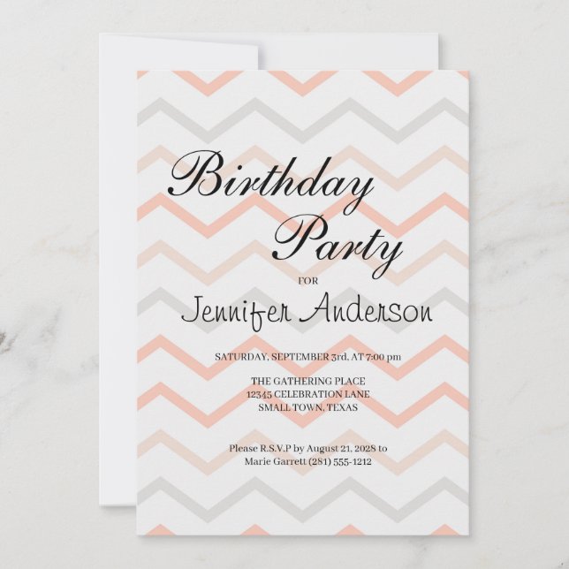 Invitación Pastel de Melocotón y Gris en Zig Zag (Anverso)