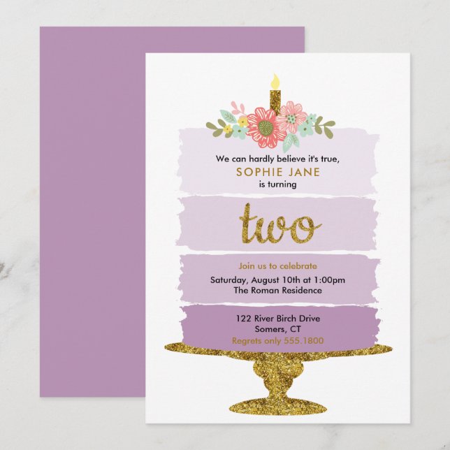 Invitación Pastel de Ombre Morado Segundo Purpurina de Cumple (Anverso / Reverso)