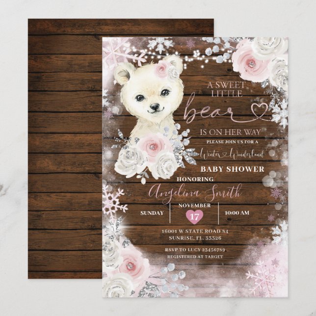 Invitación Pastel de oso de madera Baby Shower de copo de nie (Anverso / Reverso)