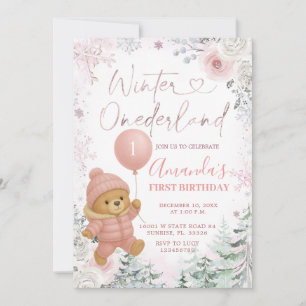 Invitación Pastel de Oso Rosado Balón Invierno de Holanda