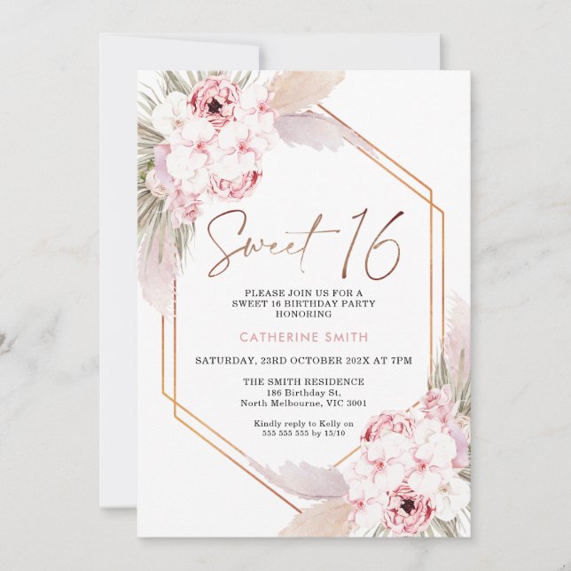 Invitación Pastel de pampas de boho rosa dulce 16 cumpleaños (Anverso)