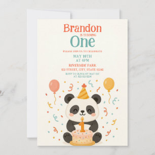 Invitación Pastel de Panda verde azulado y Naranja y globos 1
