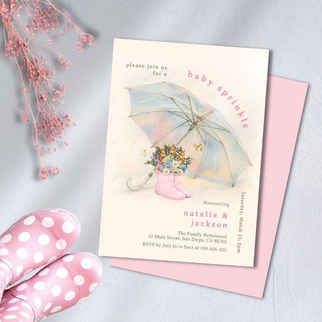 Invitación Pastel de paraguas Floral Boots rosados Bebé Sprin (Pastel Umbrella Floral Pink Boots Baby Sprinkle Invitation)