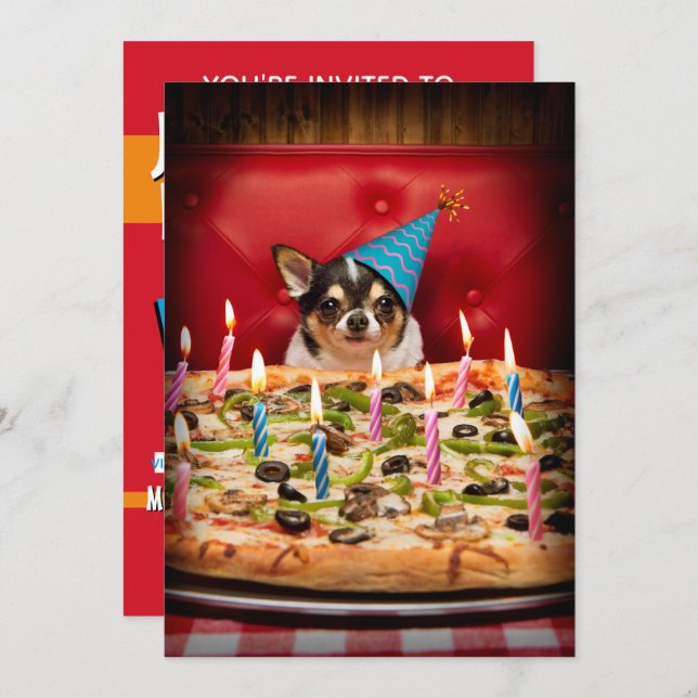 Invitación Pastel de Pizza Cumpleaños Chihuahua (Anverso / Reverso)