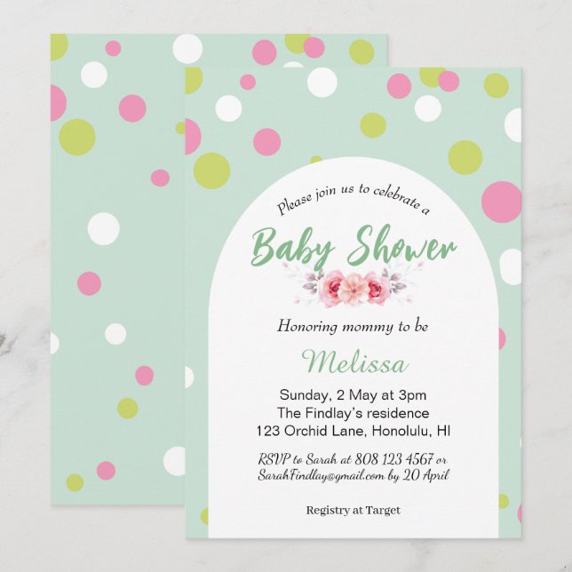 Invitación Pastel de polka da una ducha de bebé (Anverso / Reverso)