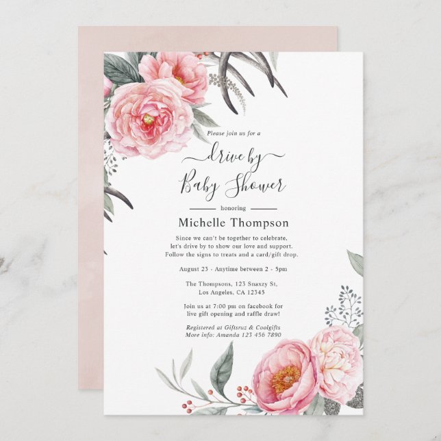 Invitación Pastel de rosa y gris Boho con ducha (Anverso / Reverso)