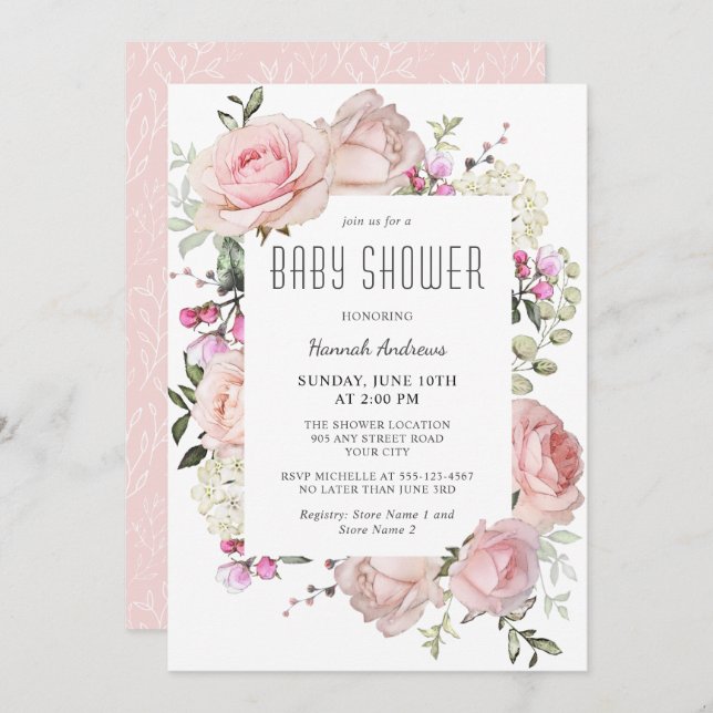Invitación Pastel de Rosas de Jardín Rosa Baby Shower para Ch (Anverso / Reverso)