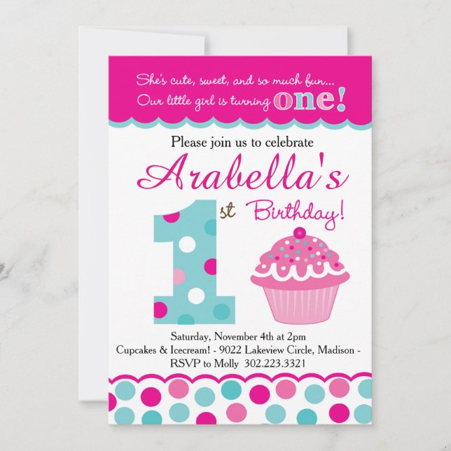 Invitación Pastel de tarta Cutie Pie (Rosa y Aqua) Primer cum (Anverso)