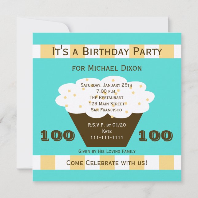 Invitación Pastel de torta en Aqua 100 cumpleaños (Anverso)