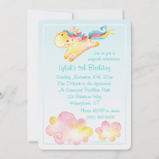 Invitación Pastel de unicornio arcoiris con nubes dulces