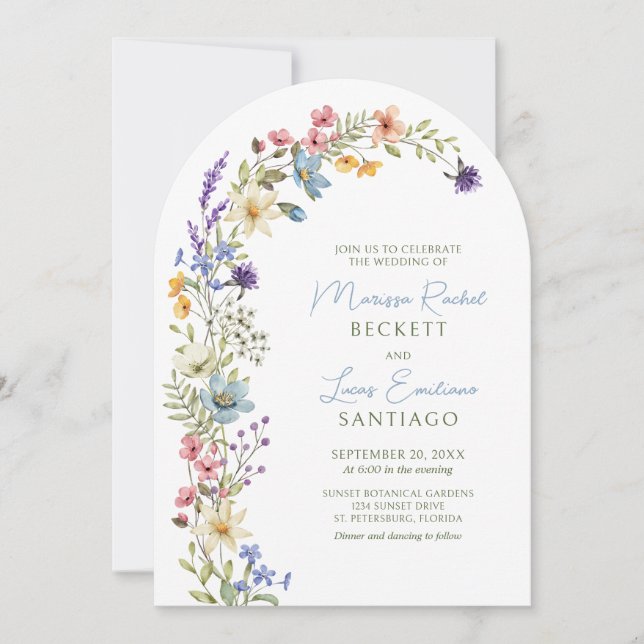 Invitación Pastel Delicate Boda del Arco de Flor Silvestre (Anverso)