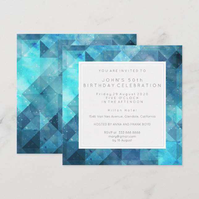 Invitación Pastel Diamond Geometric Birday Party Blue (Anverso / Reverso)