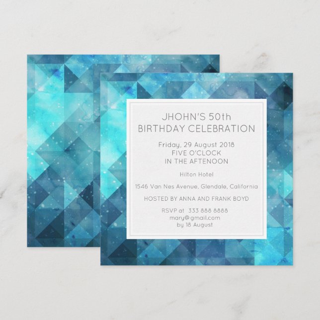 Invitación Pastel Diamond Geometric Birday Party Blue (Anverso / Reverso)