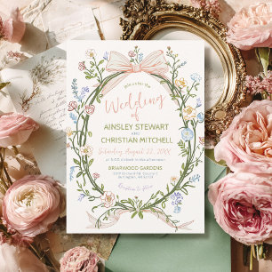 Invitación Pastel Dibujado a Mano Floral Vintage Lazo Verde B